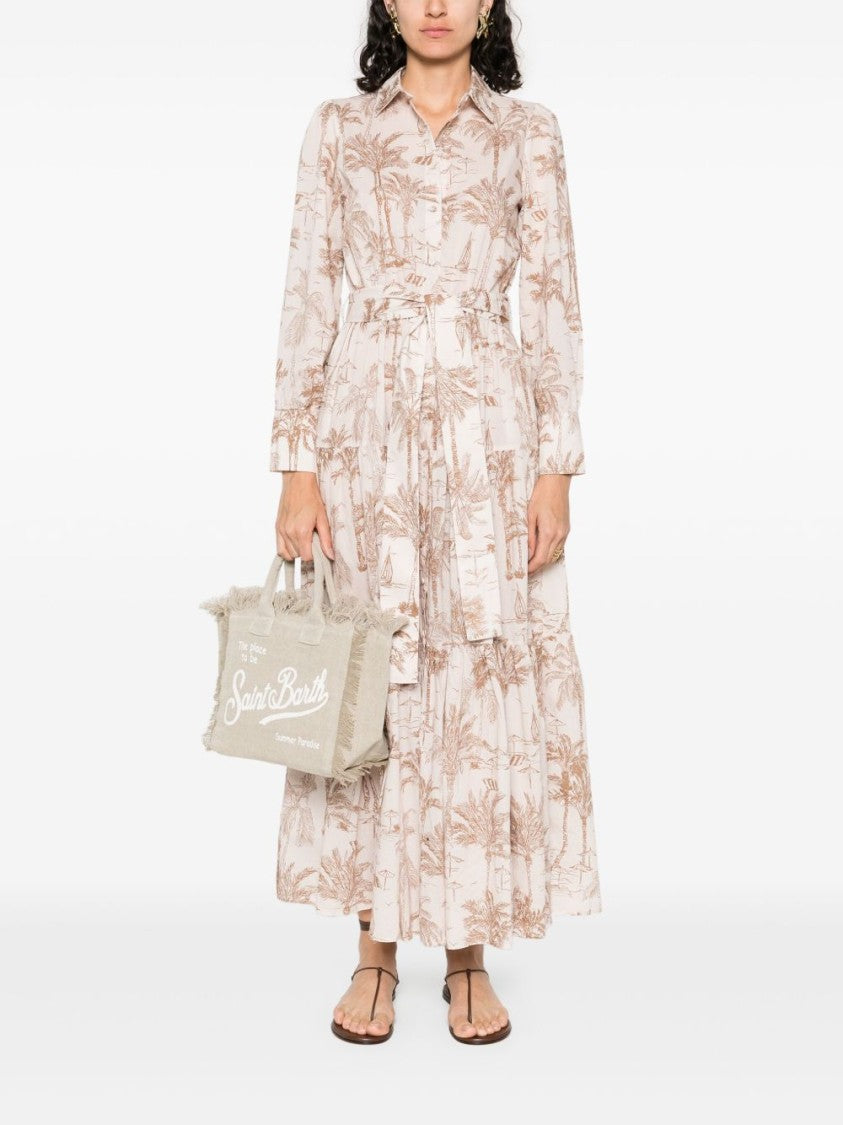 Mc2 Saint Barth Belted Waist Maxi Dress With Buttoned Cuffs And Palm Tree Print
