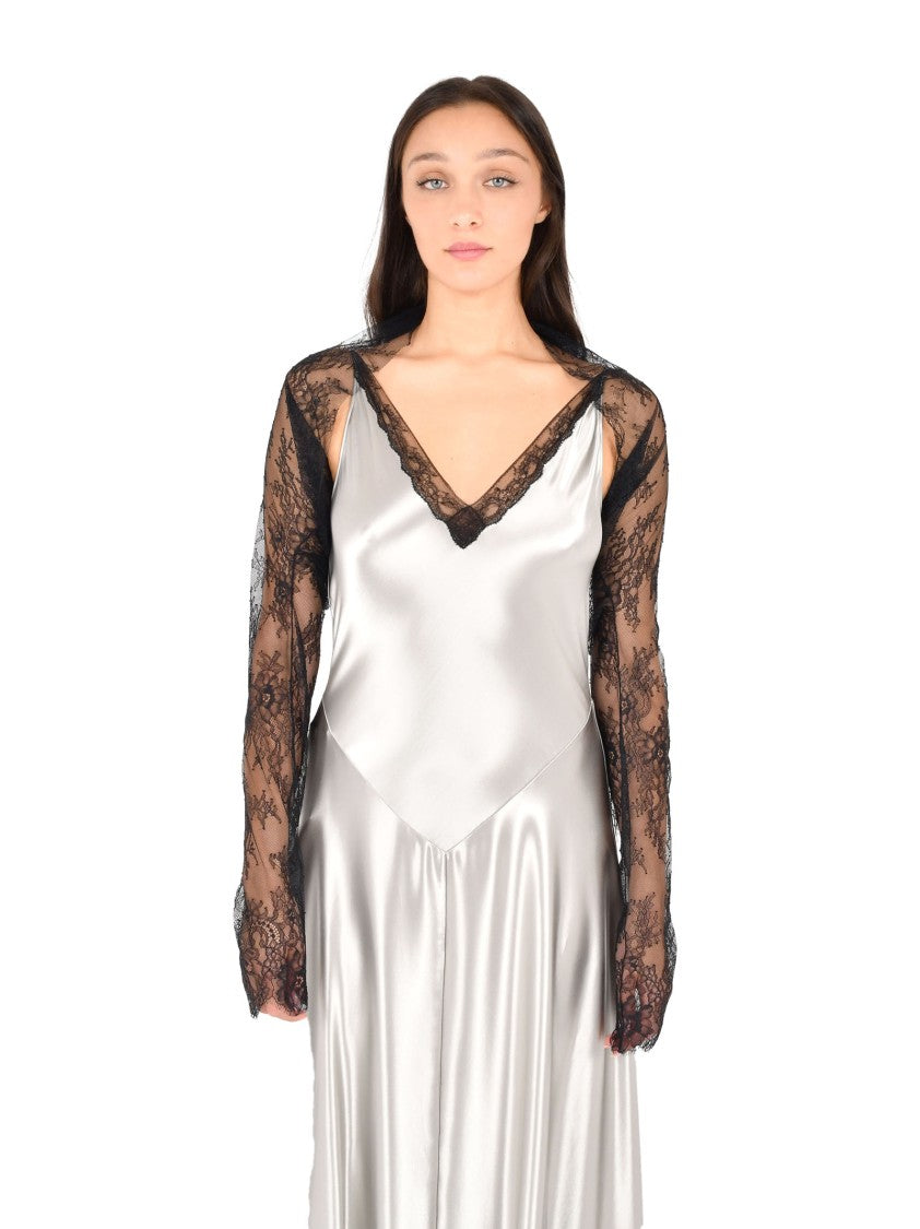 Alberta Ferretti Silver Satin Maxi Dress With Lace Inserts