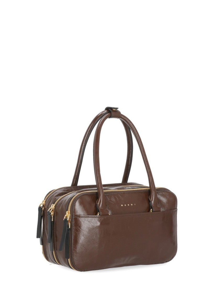 Marni Brown Leather Three Zip Handbag