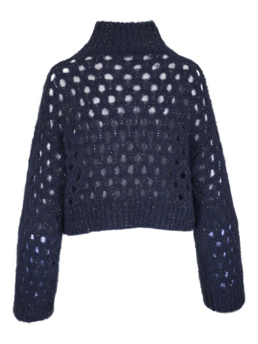 Brunello Cucinelli Cropped Open-Knit Sweater With High Neckline