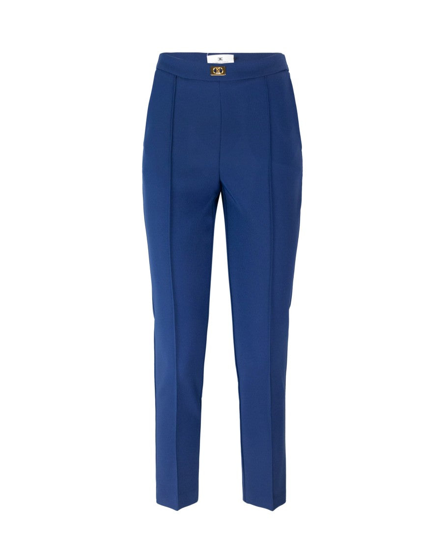 Elisabetta Franchi Blue Crêpe Trousers With Logo Plaque