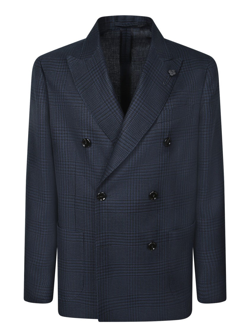 Lardini Double-Breasted Tailored Black Blazer With Check Pattern