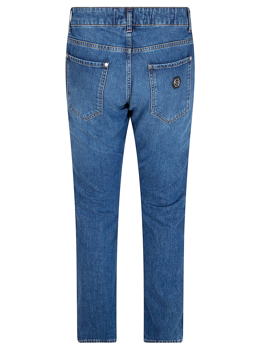 Philipp Plein Straight-Leg Blue Denim Jeans With Logo Patch