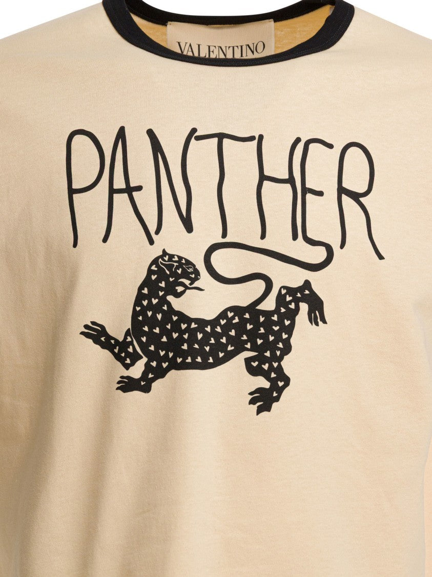 Valentino Beige Panther Graphic Print T-Shirt With Ribbed Trims