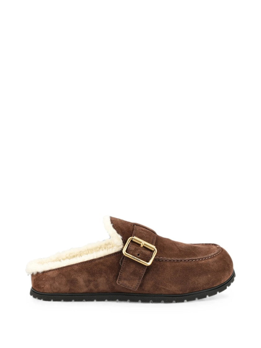 Prada Brown Suede Slip-On Flats With Plush Lining And Decorative Buckle