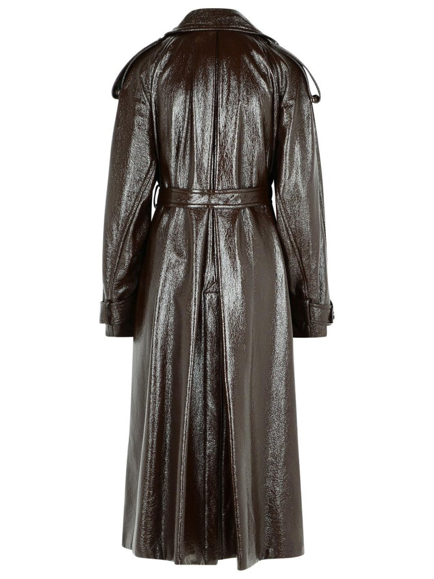 Sportmax Long 'Bairo' Patent Effect Trench Coat In Coffee Cotton