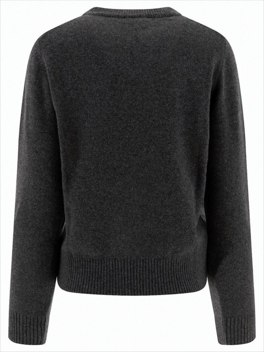 Ganni Cropped Dark Grey Knit Sweater With Teddy Bear Graphic