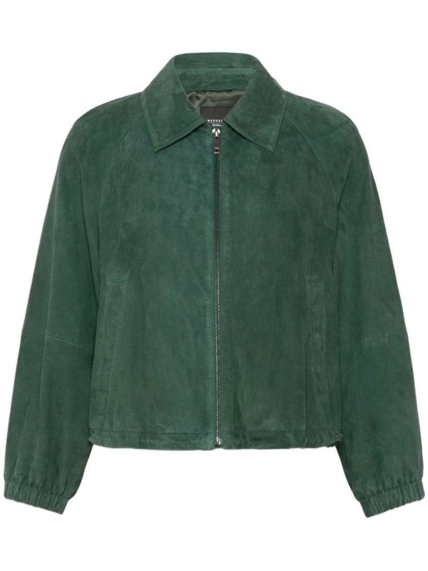 Weekend Cropped Deep Green Suede-Like Jacket With Classic Collar And Puff Sleeves