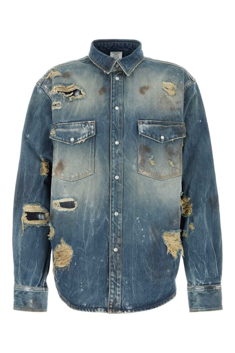 Vetements Distressed Denim Shirt With Frayed Edges