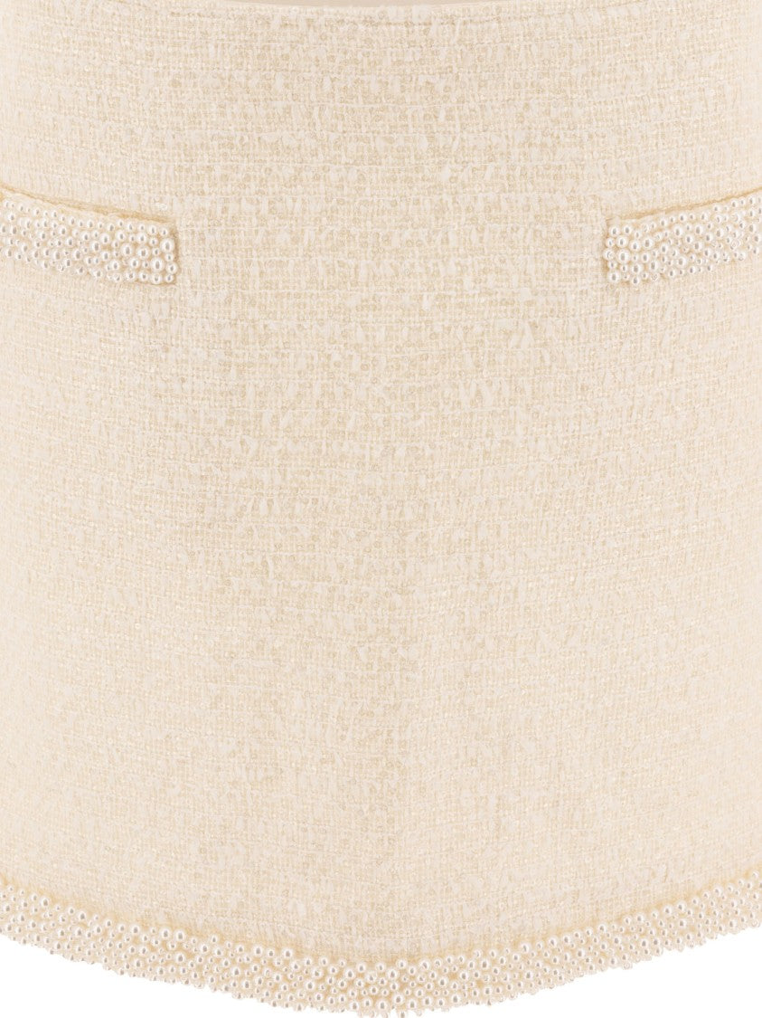 Self-Portrait Beige Textured Skirt With Pearl Embellishments