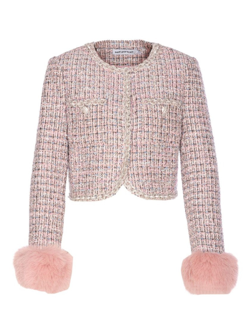 Self-Portrait Cropped Textured Tweed Jacket With Plush Cuffs