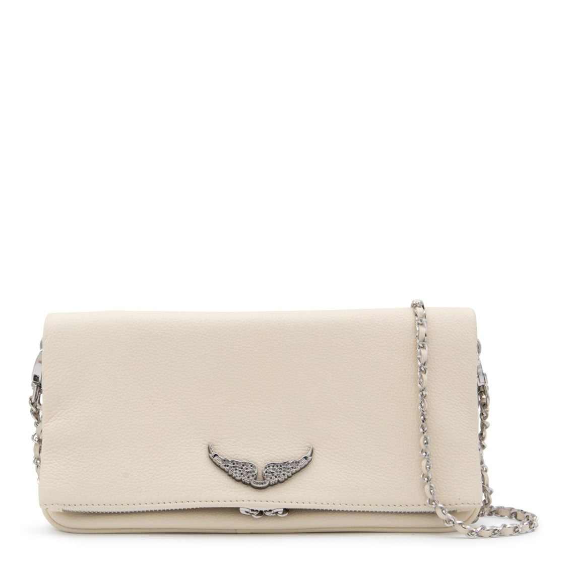 Zadig & Voltaire Rectangular Pebbled Clutch With Wing Emblem And Chain Strap
