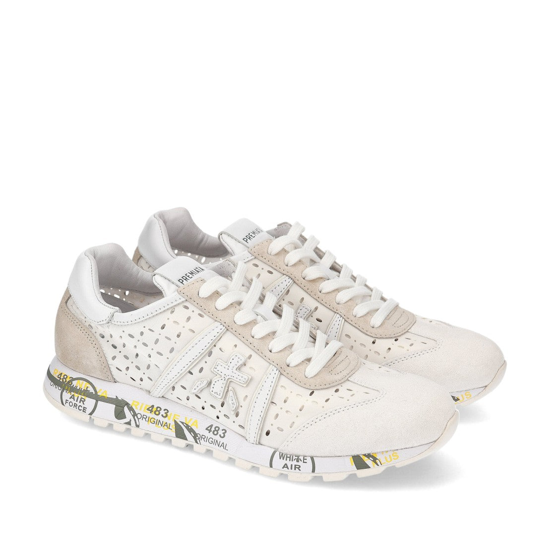 Premiata Lucy Sneakers In Laser-Cut Leather And White Suede