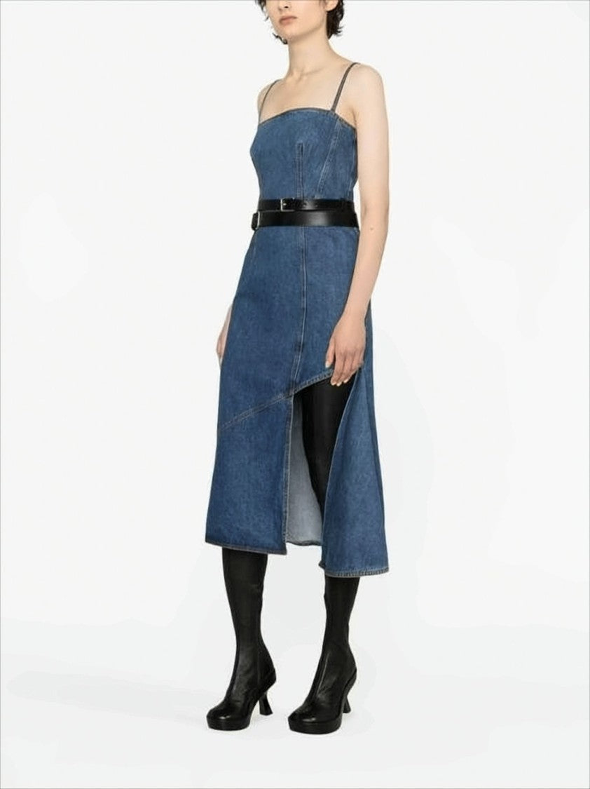 Alexander Mcqueen Structured Denim Long Dress With Slit