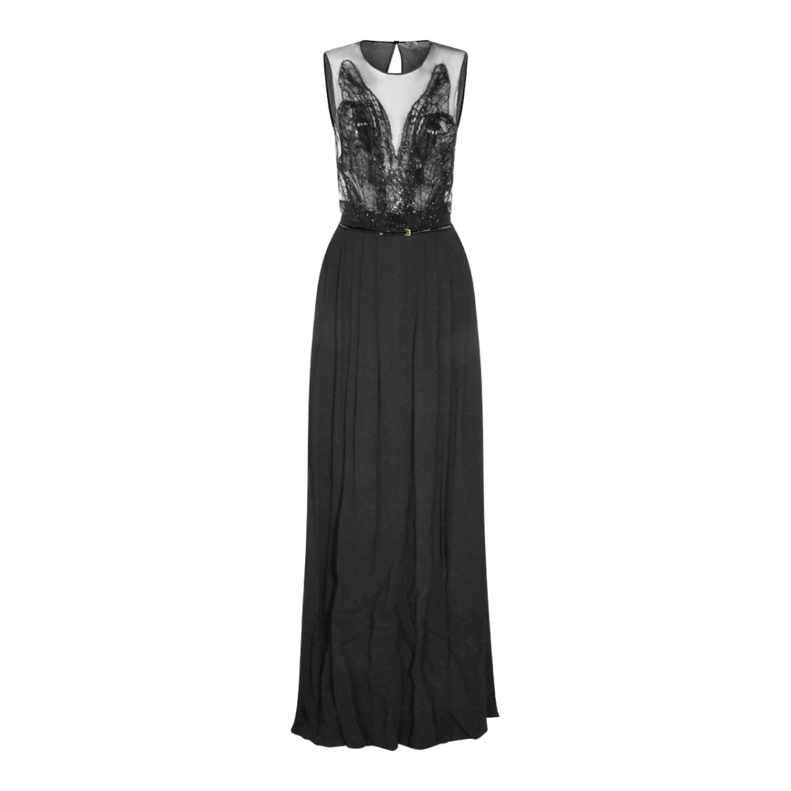 Elisabetta Franchi Sheer Black Maxi Dress With Intricate Lace And Crystal Embellishments