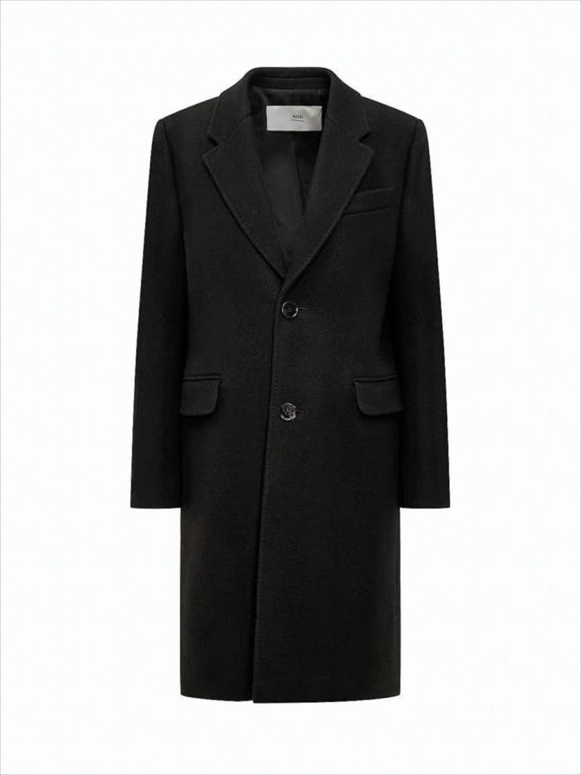 Ami Paris Tailored Black Wool Coat With Notched Lapels