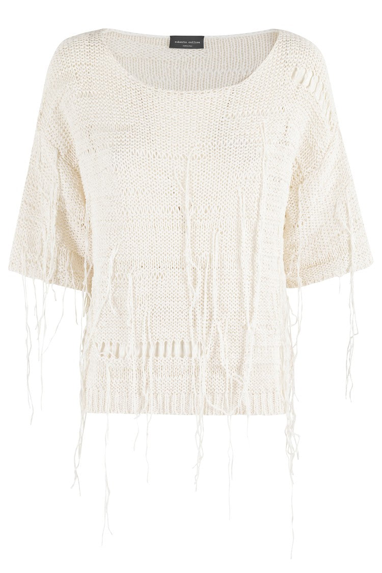 Roberto Collina Cropped Ecru Knit Top With Fringed Detailing