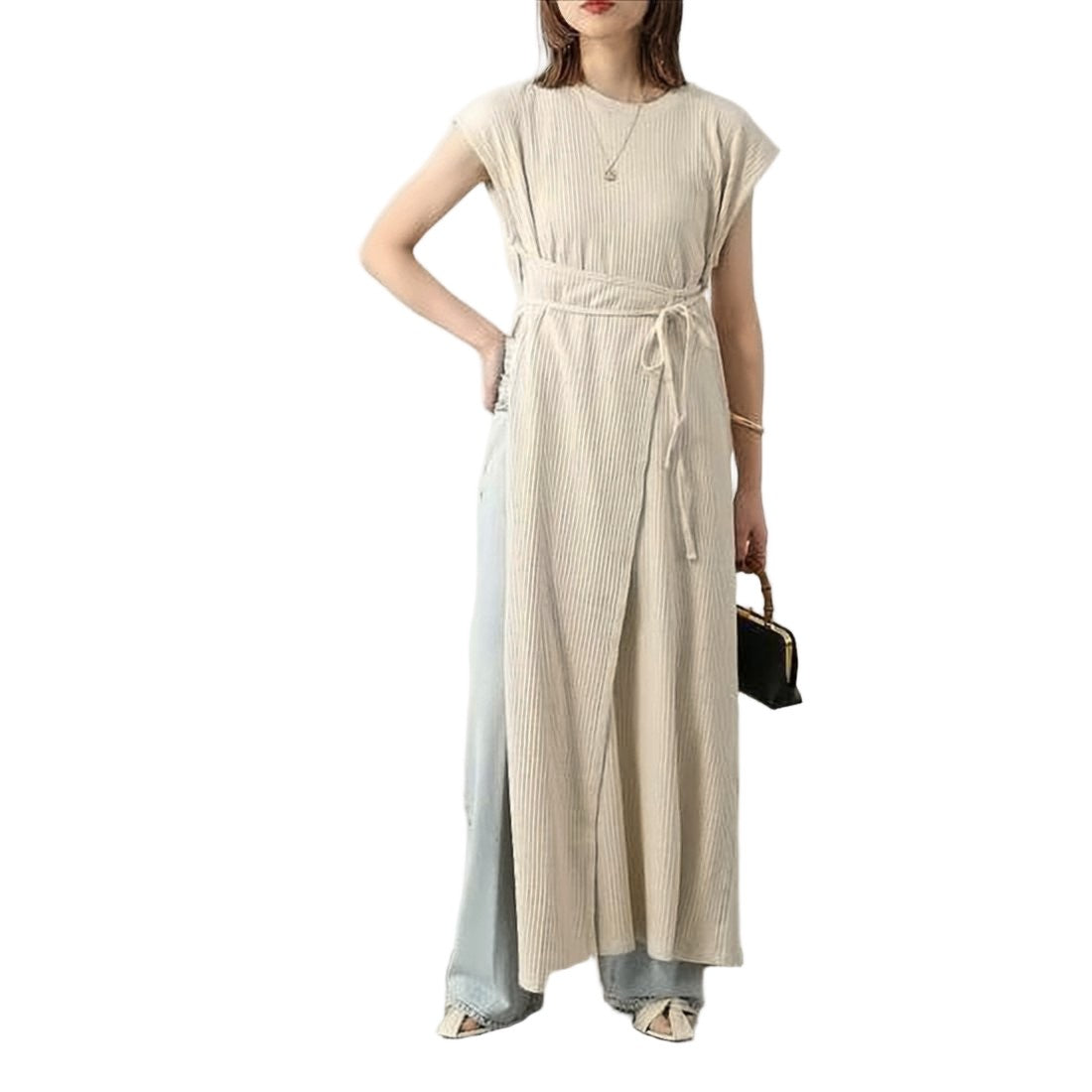 Baserange Ribbed Midi Dress With Self-Tie Belt