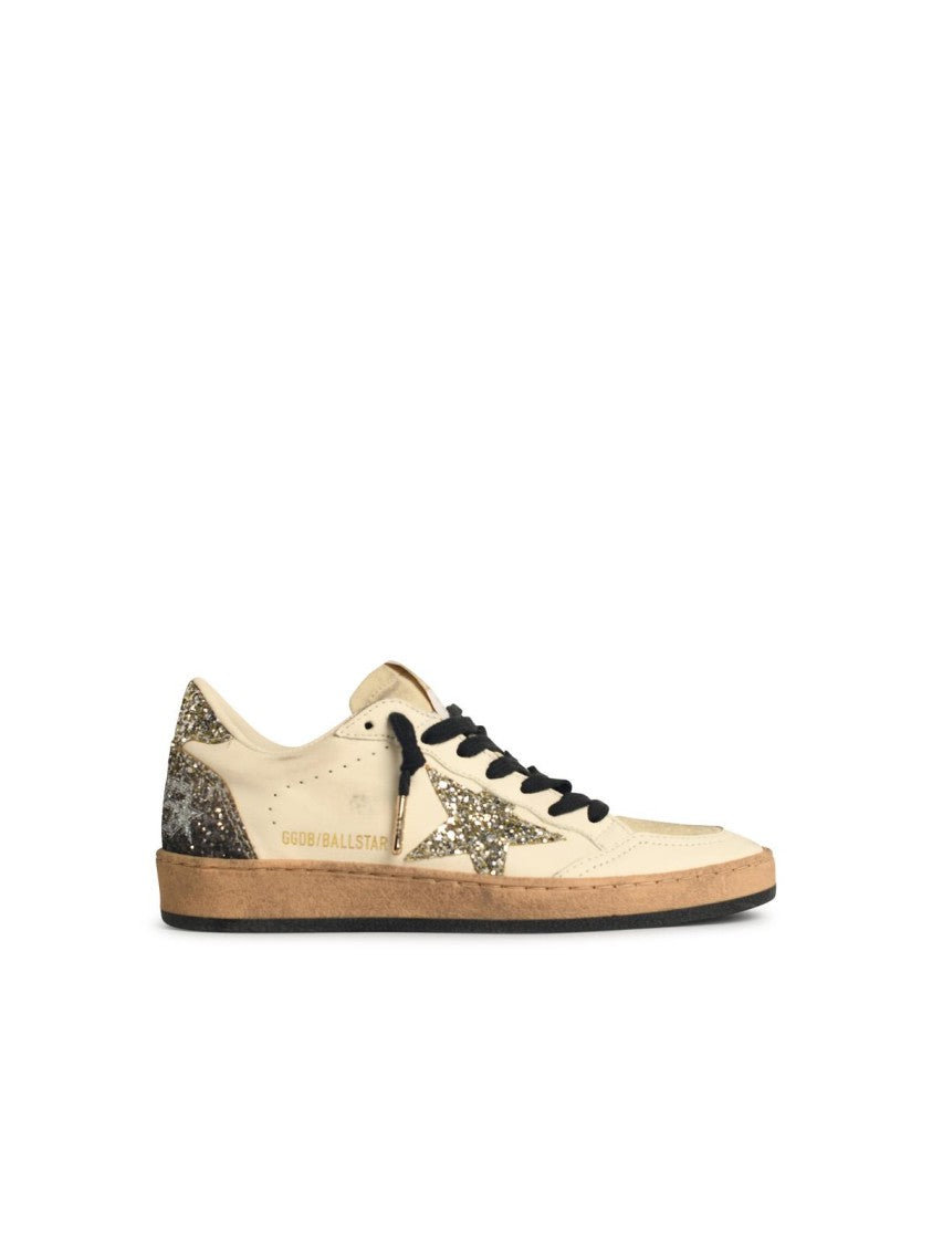 Golden Goose Ball-Star' White Leather Sneakers With Glitter Star
