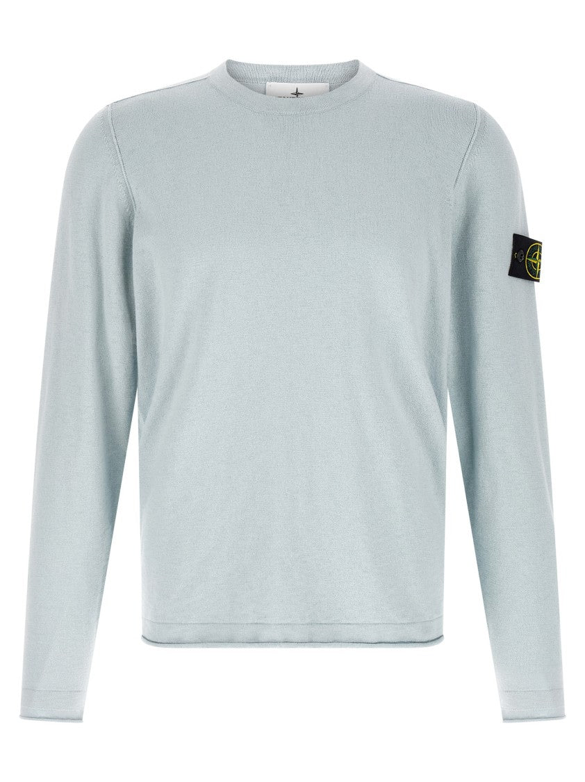 Stone Island Minimalist Blue Knit Sweater With Logo Badge Application