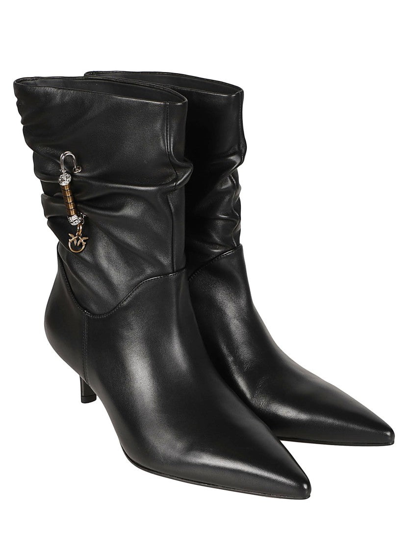 Pinko Pointed Toe Ankle Boots With Ruched Upper And Metallic Charm