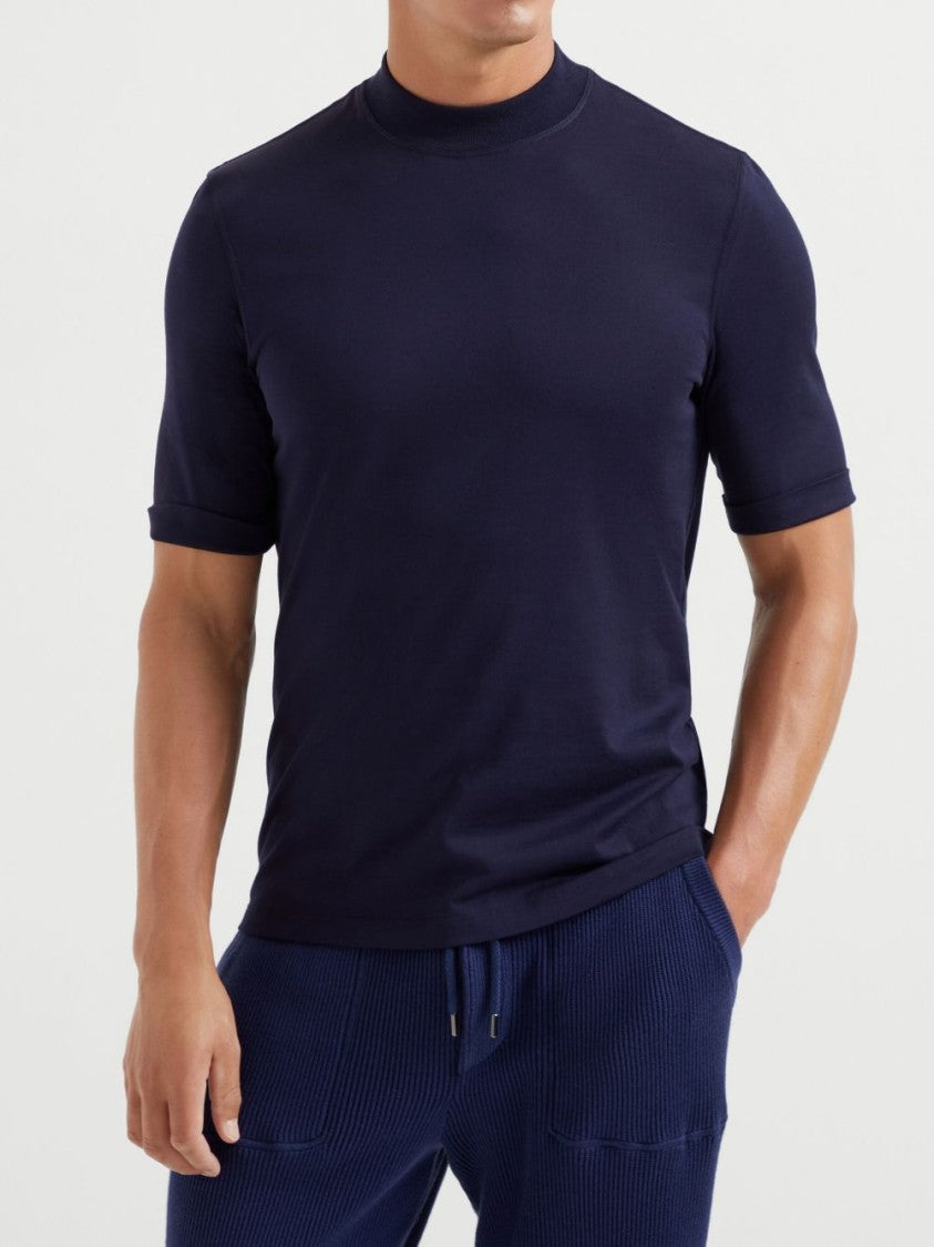 Brunello Cucinelli Navy Blue Mock Neck T-Shirt