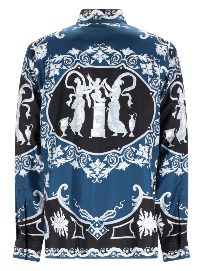 Versace Deep Blue Baroque Motif Printed Silk Shirt