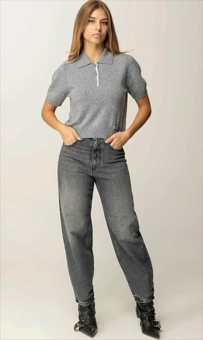 Pinko Cropped Merino Wool Sweater With Contrast Placket