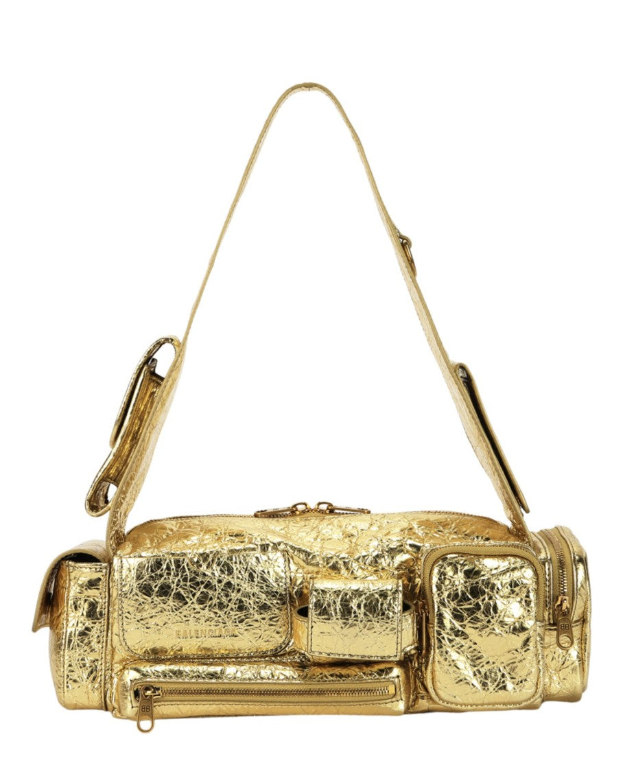Balenciaga Textured Lambskin Sling Bag With Gold Hardware And Multiple Pockets