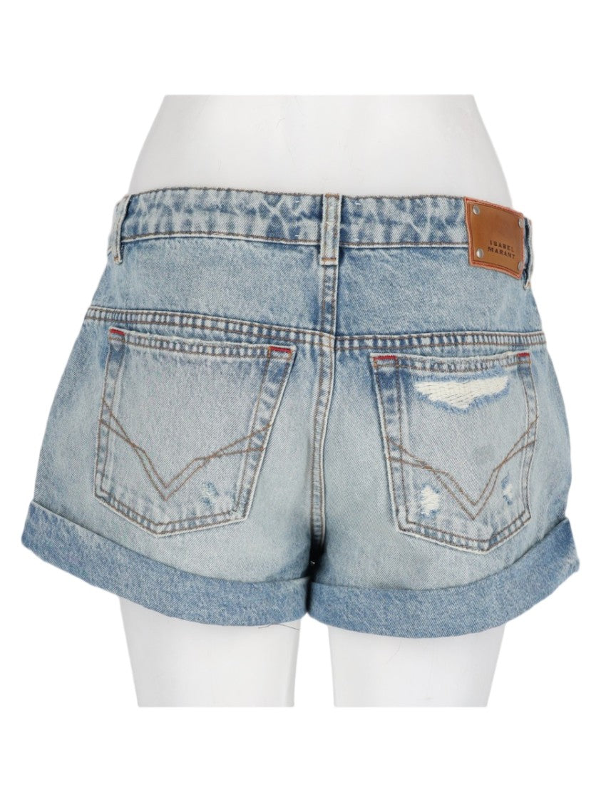 Isabel Marant Blue Distressed Rolled-Hem Cotton Denim Shorts