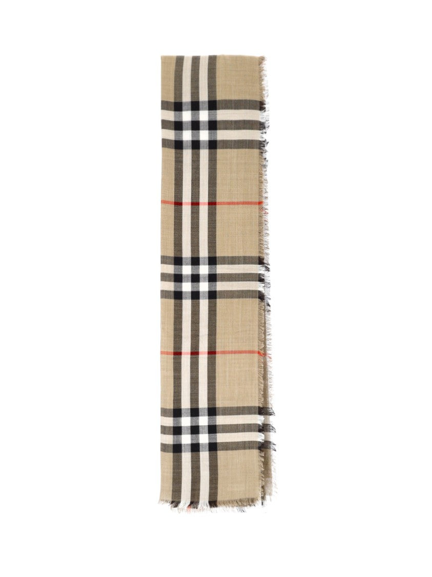 Burberry Beige Wool-Silk Check Scarf With Fringed Edges