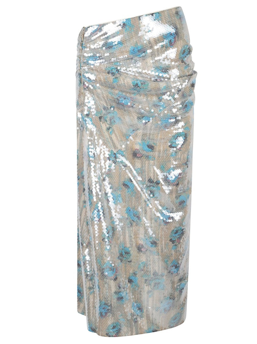 Tory Burch Pencil Skirt With Painterly Blue Rose Print And Sequins