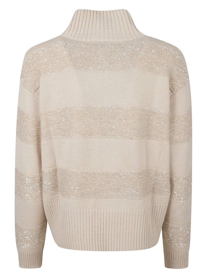 Brunello Cucinelli High-Neck Knit Sweater With Textured Stripes