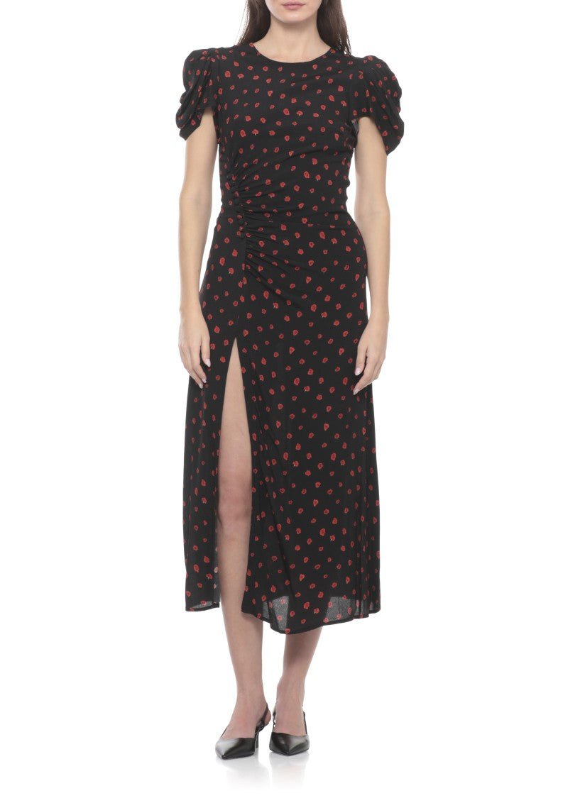 Mar De Margaritas Floral Patterned Midi Dress With Draped Front And Puffed Sleeves