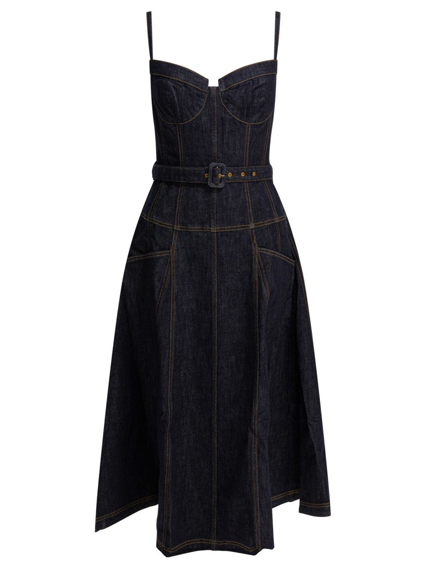 Self-Portrait Denim Flared Midi Dress