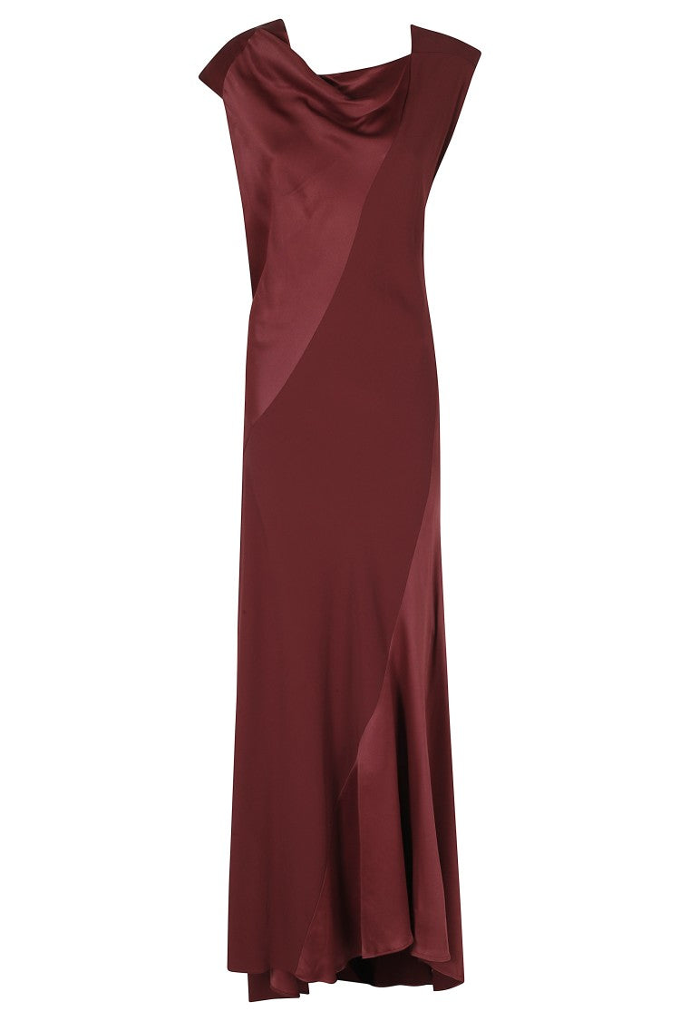 Alberta Ferretti Bordeaux Asymmetric Cowl Neck Viscose Satin Maxi Dress