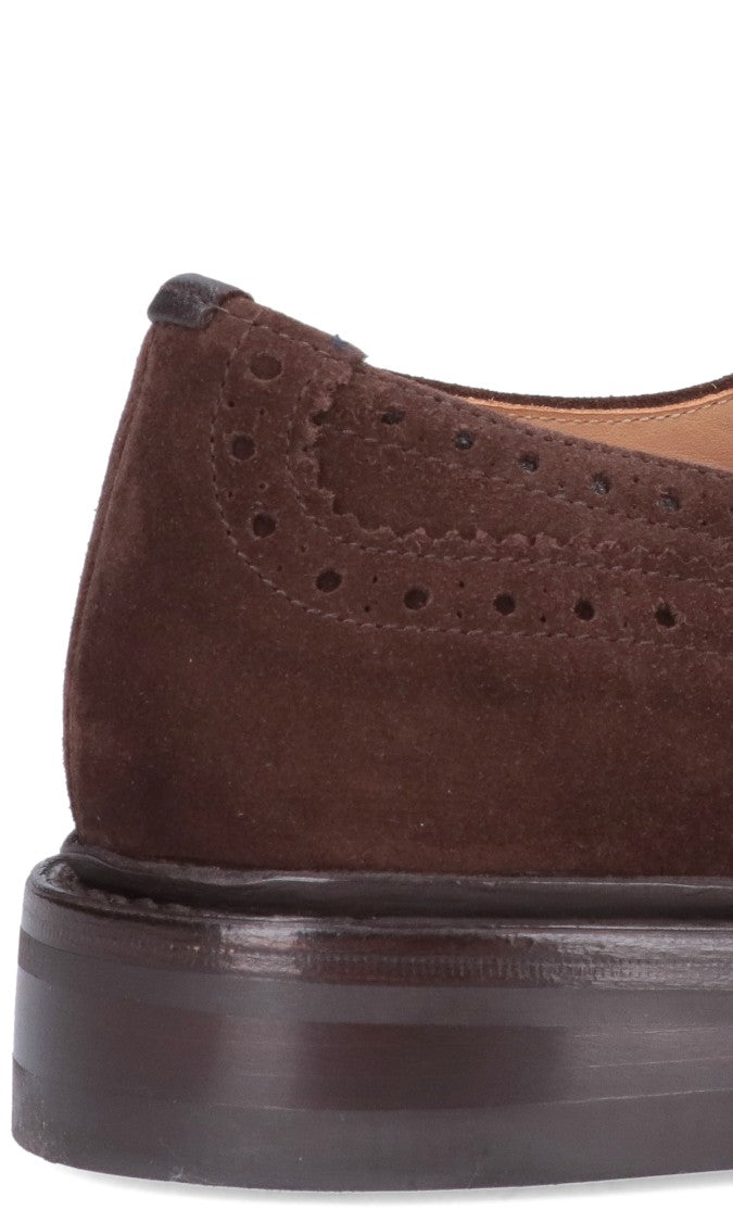 Tricker's Brogue-Style Suede Flat Shoes With Wingtip Accents