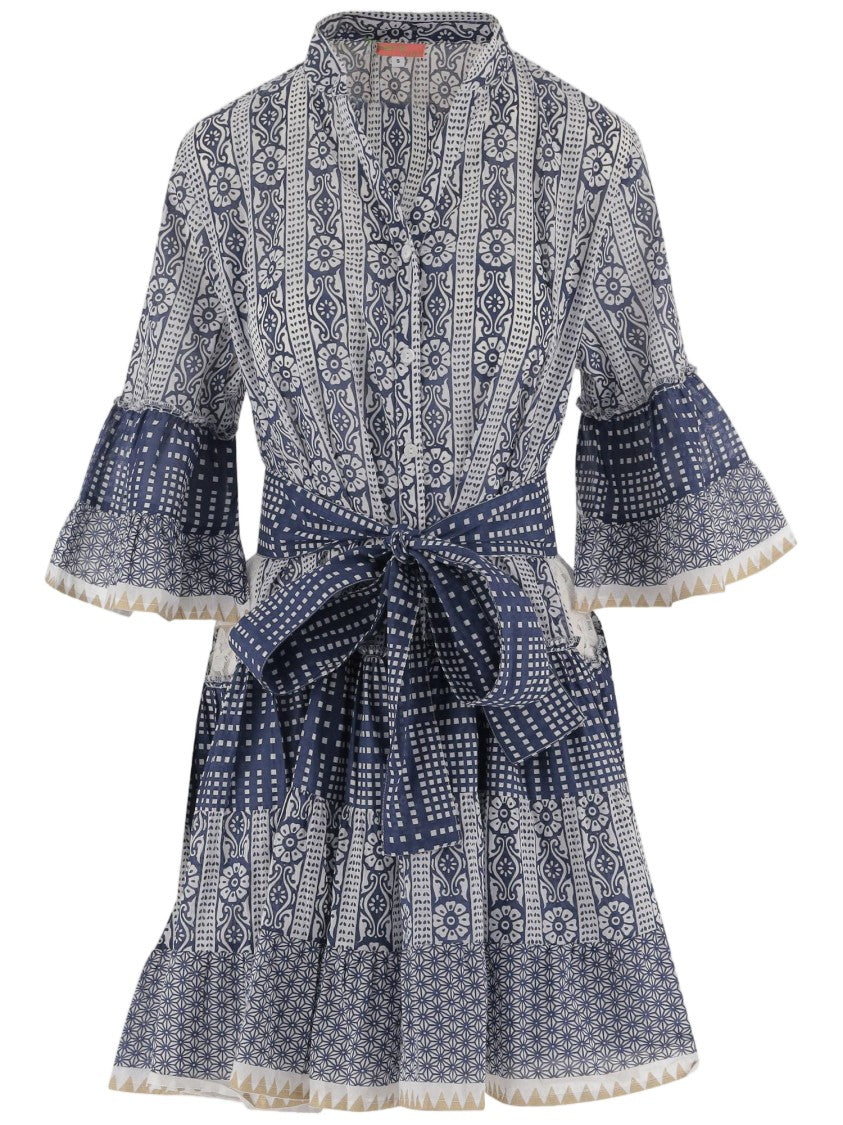 Pep's Cannes Short Cotton Dress With Geometric Pattern And Ruffled Skirt