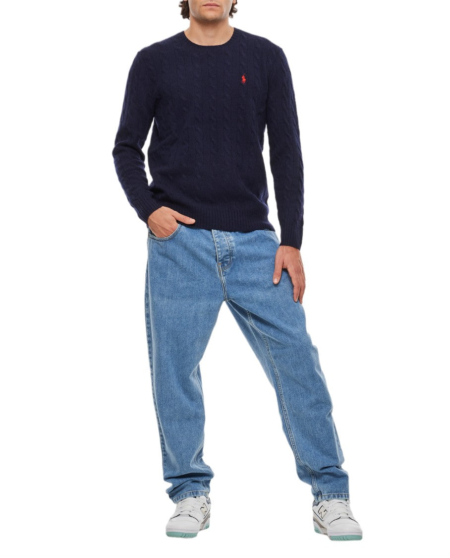 Polo Ralph Lauren Blue Cable-Knit Wool-Cashmere Crewneck Sweater