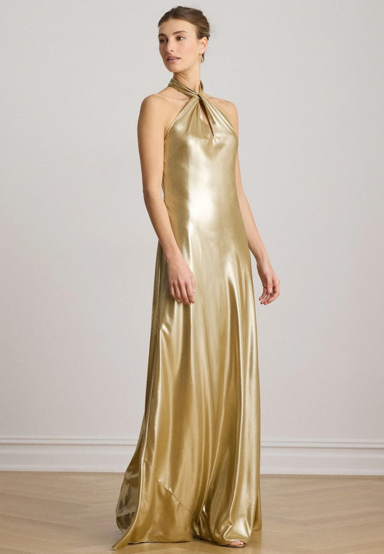 Lauren Ralph Lauren Metallic Gold Halter Keyhole Maxi Dress