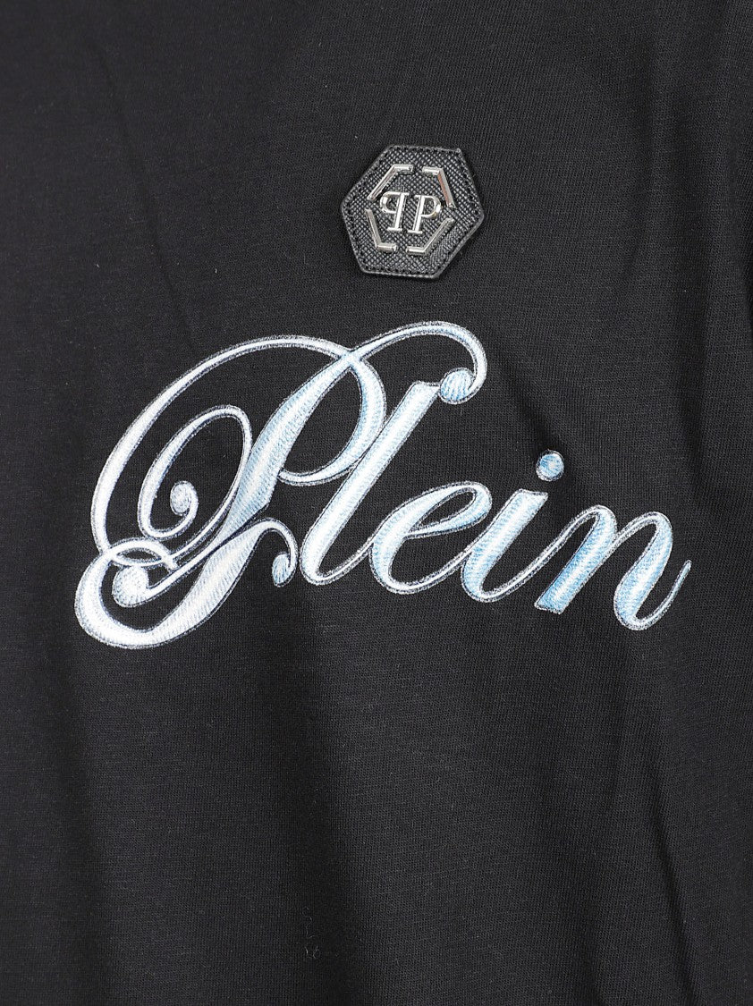 Philipp Plein Black Cotton T-Shirt With Intricate Silver Skull Design