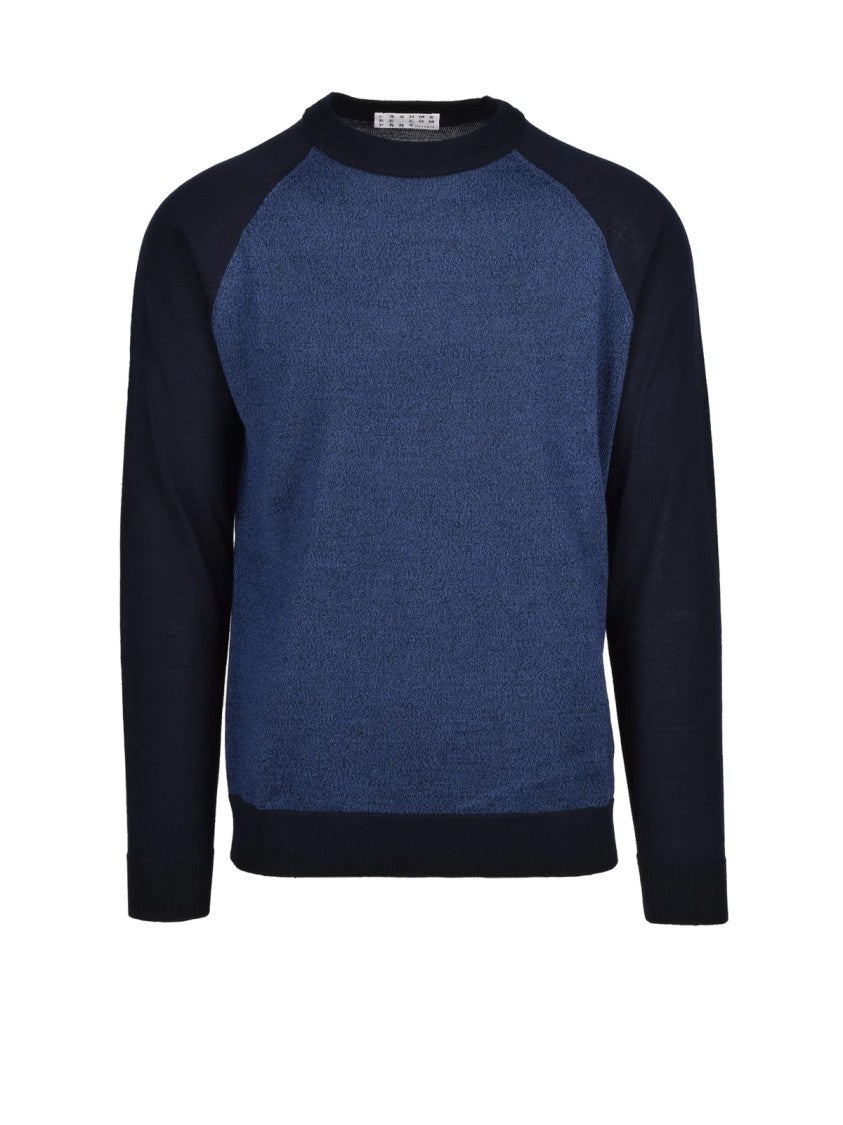 Cashmere Company P. Two-Tone Blue Cashmere And Merino Wool Crew Neck Sweater