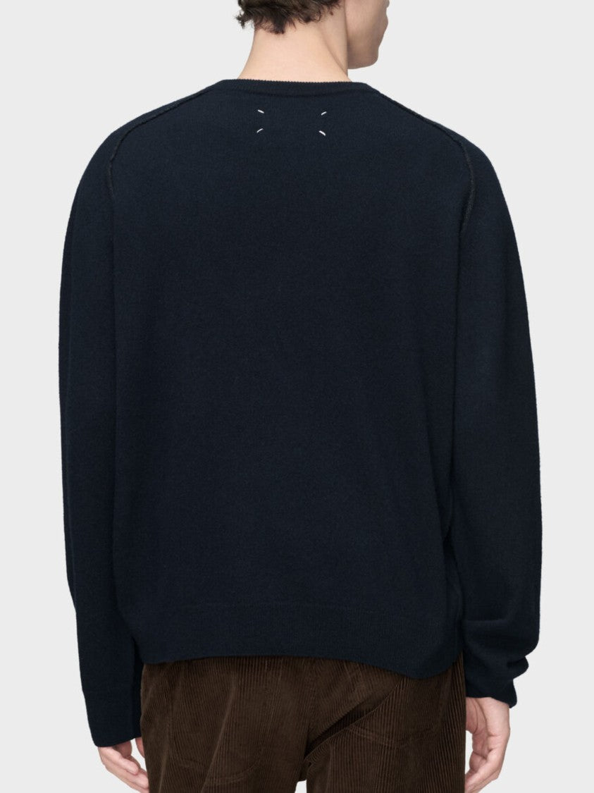 Maison Margiela Navy Minimalist Crew Neck Wool Sweater