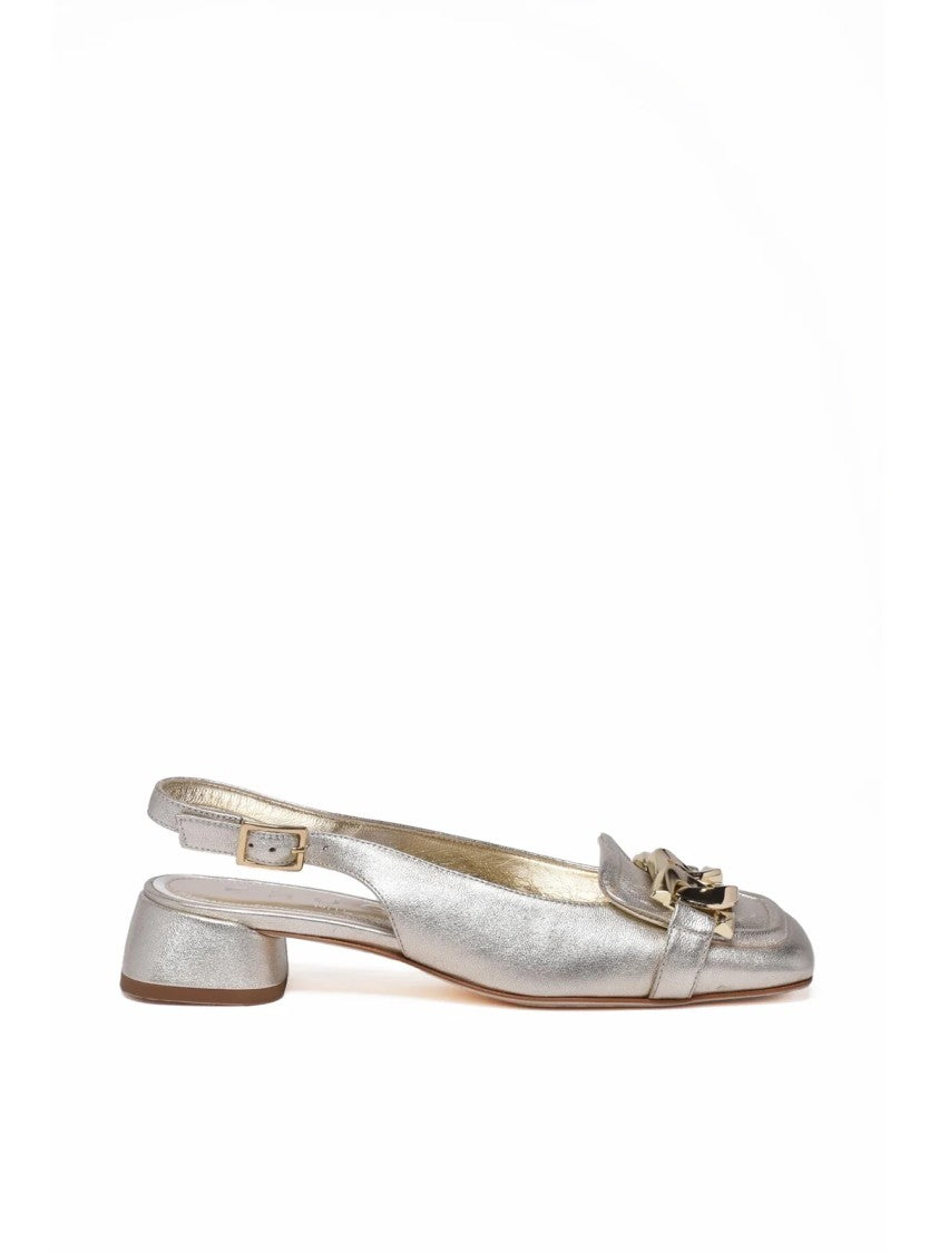 Bruglia Gold Metallic Chain Detail Leather Heels