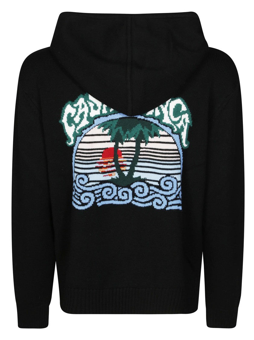Casablanca Black Wool Zip-Up Hoodie With Embroidered Artwork
