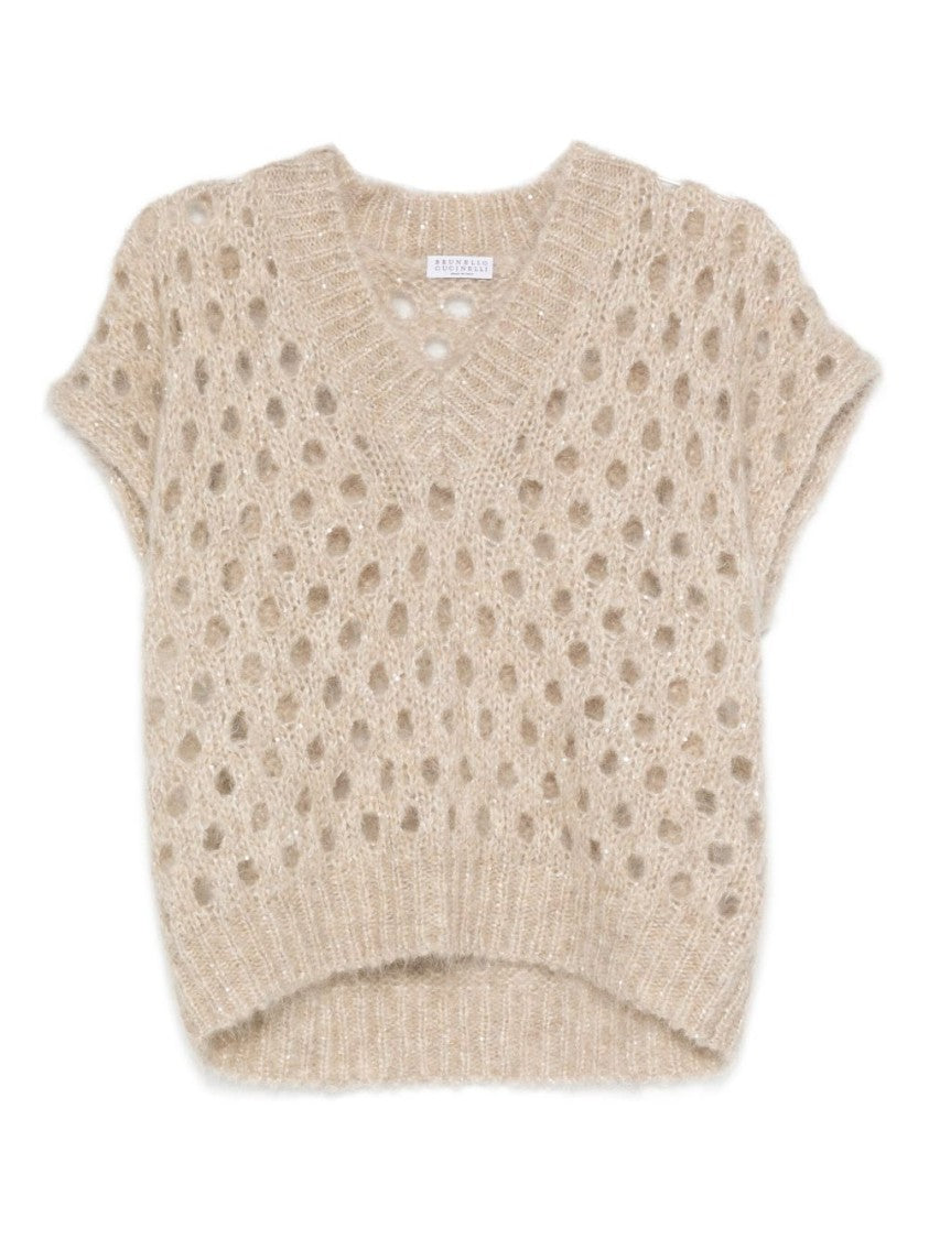 Brunello Cucinelli Cropped Open-Knit Sweater With V-Neckline
