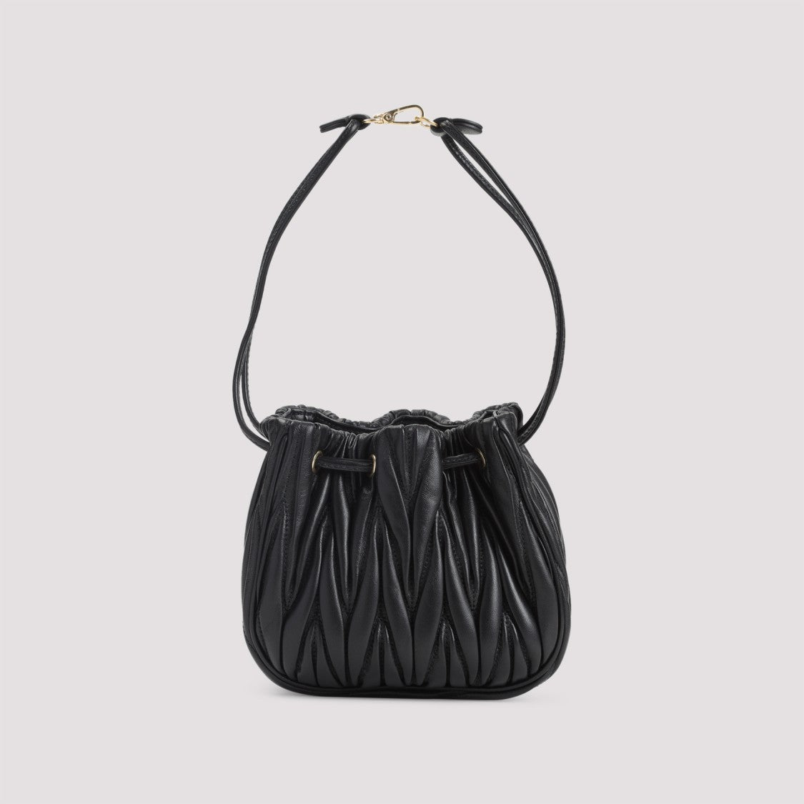 Miu Miu Gathered Black Lamb Leather Clutch With Drawstring Closure