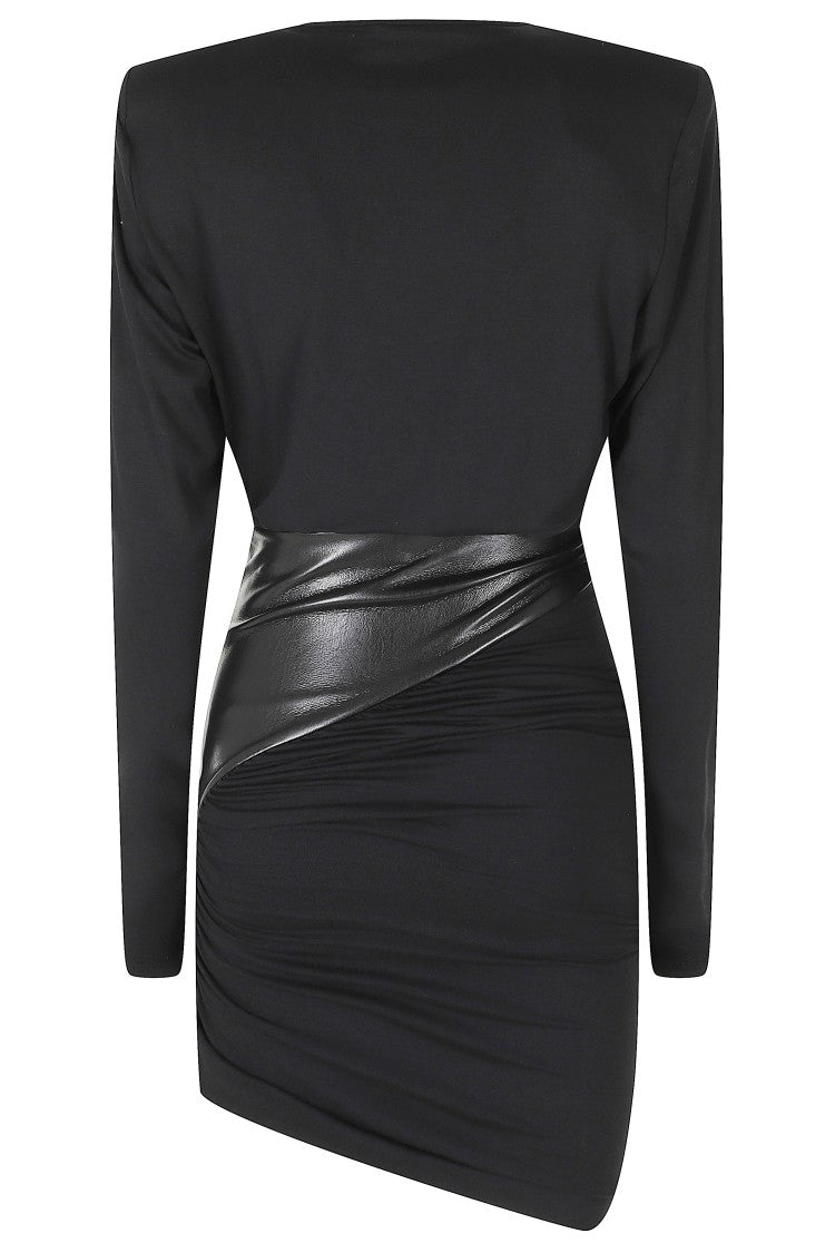 The Andamane Black Ursula Vegan Leather Waistband Draped Viscose Mini Dress
