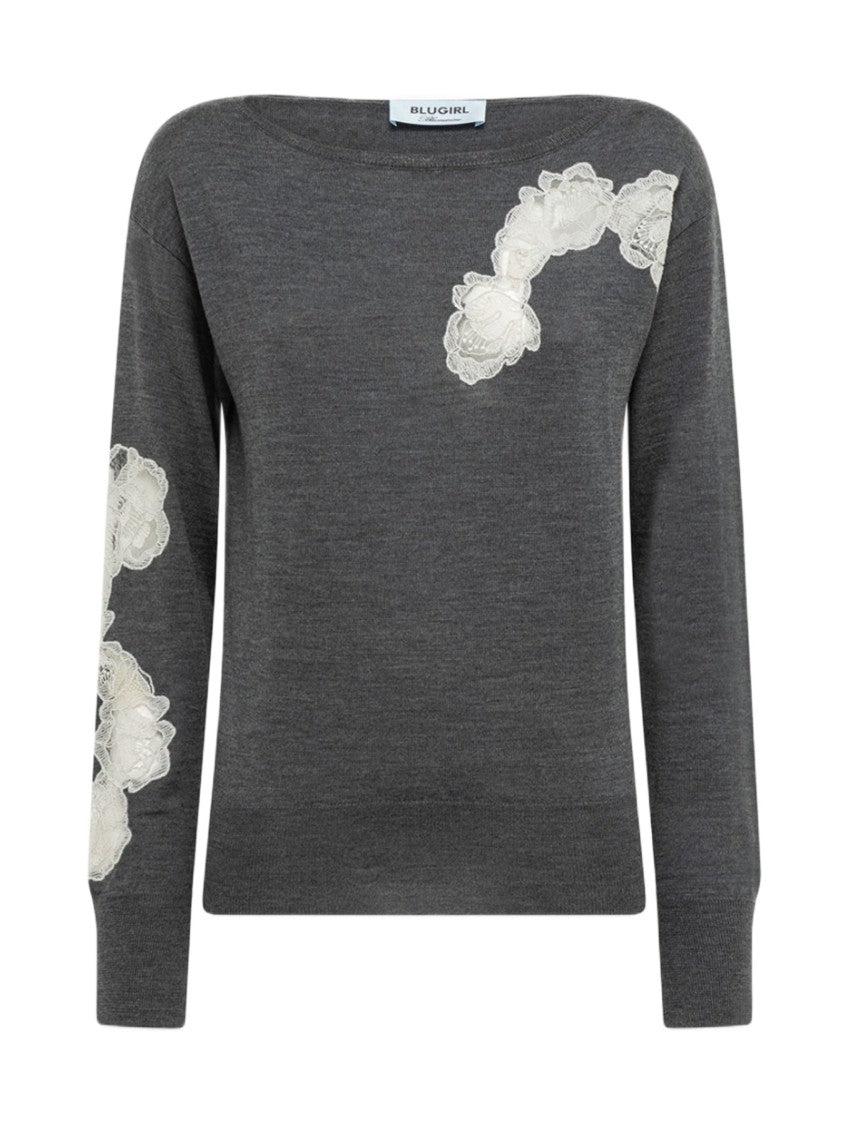 Blugirl Boat Neck Sweater With Floral Appliqués