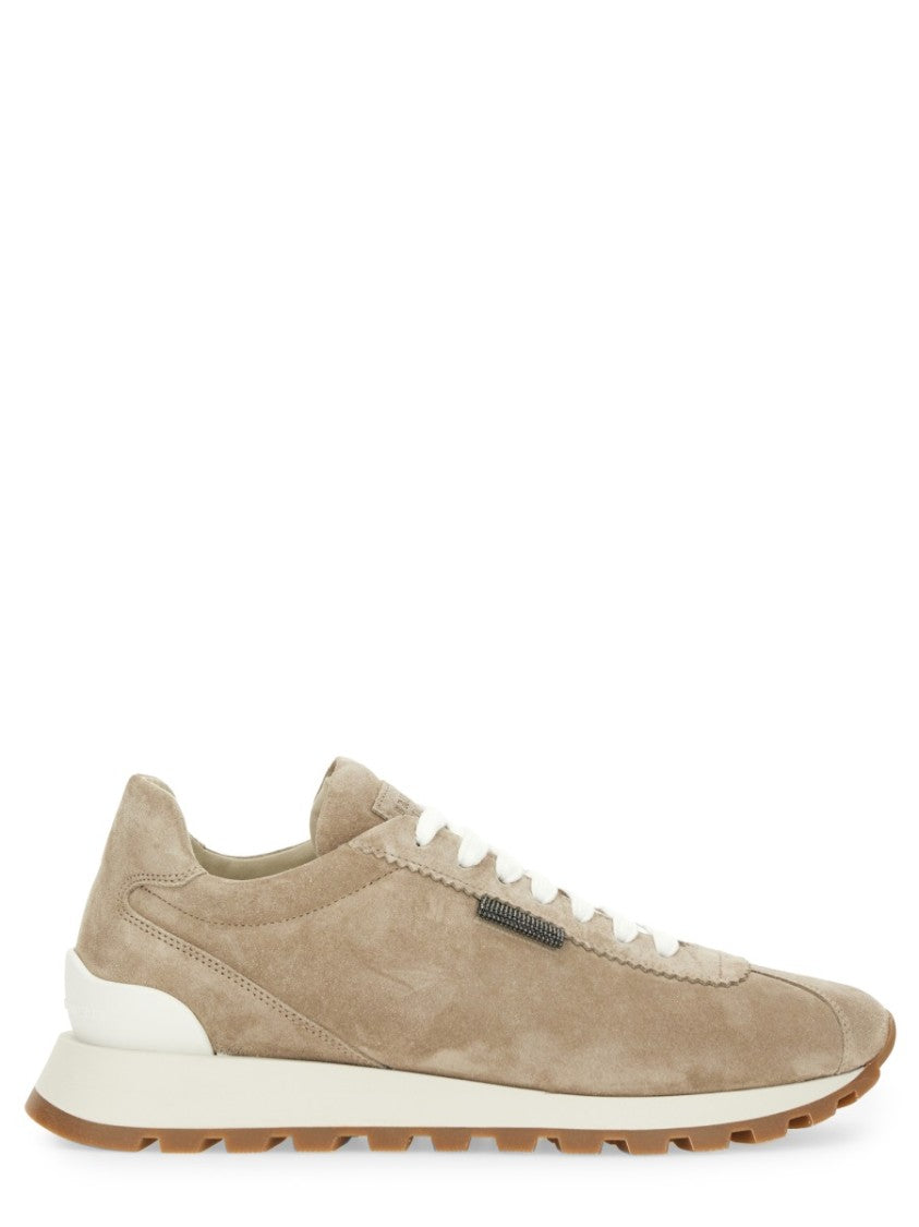 Brunello Cucinelli Suede Sneakers With Metallic Tab And Gum Sole